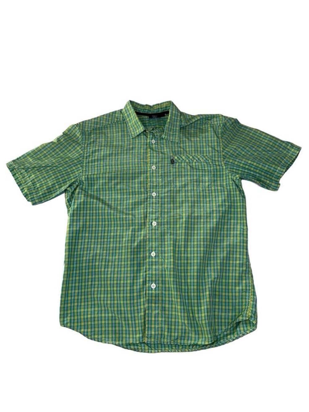 KAVU Green Yellow Plaid Short Sleeve Button Up Shirt Men's Medium
